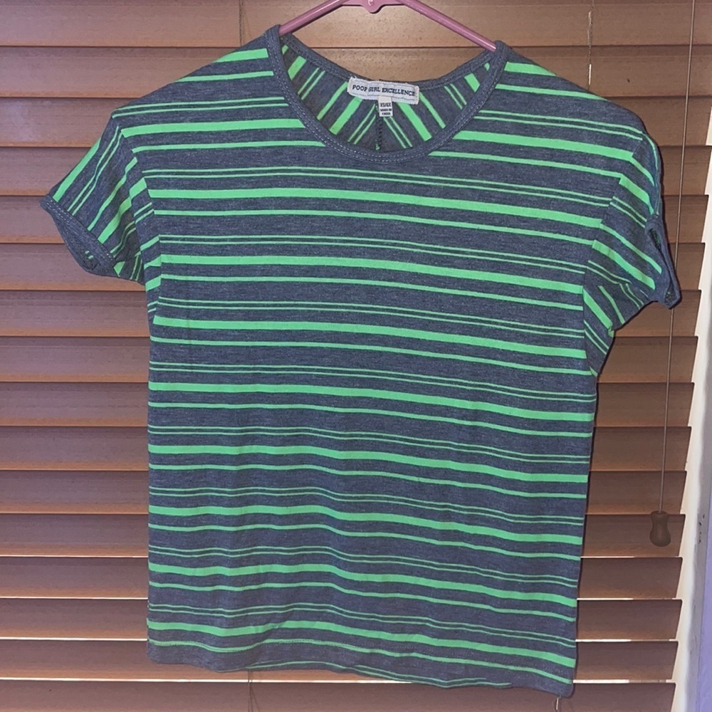 Poof Girl Excellence striped T-shirt green and grey. Girls size 6X